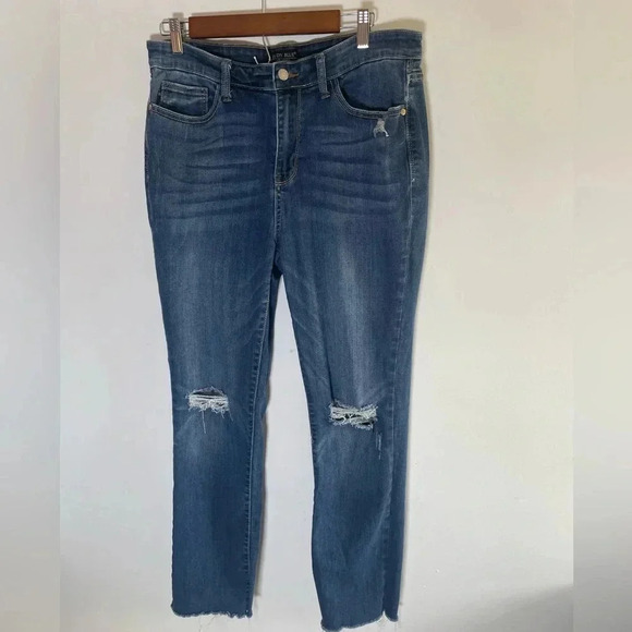 Judy Blue High Waisted Straight Fit Distressed Fray Hem Jeans 15/32 Plus EUC 021 - Picture 1 of 9